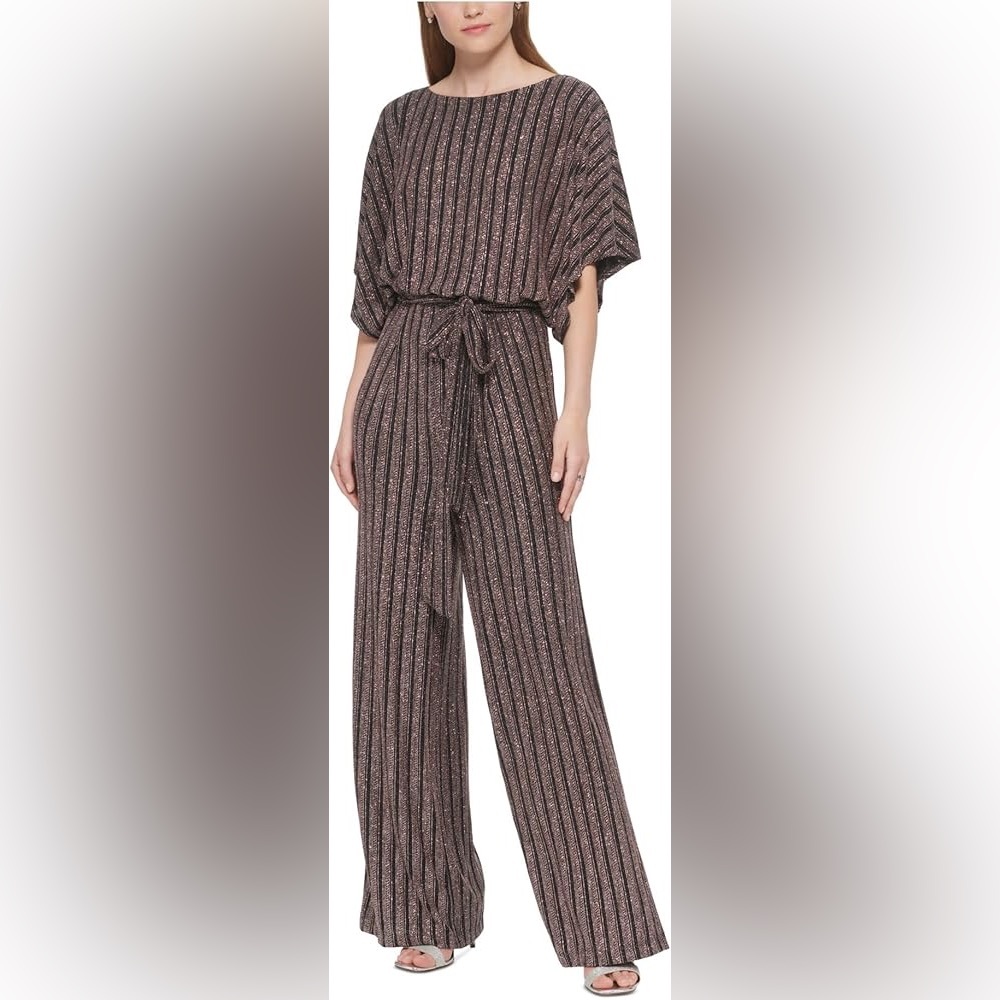 jessica howard elegant black and silver stripped formal jumpsuit
